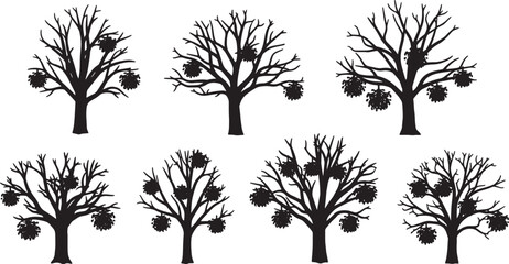 Obraz premium Black Solid Mistletoe Clump Tree Silhouettes Set of Six on White Background