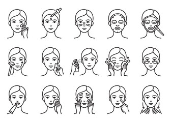 Skincare routine icons set with woman face applying beauty products line style