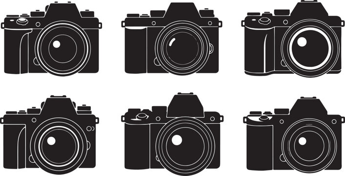 Black Solid Mirrorless Camera Silhouettes Set of Six on White Background