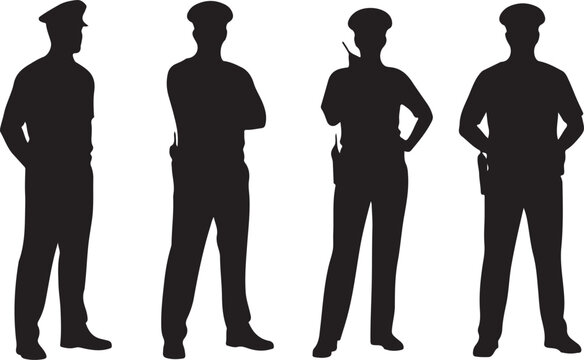 Set of four security guard silhouettes standing alert, white background.