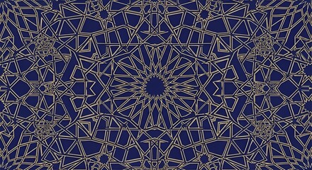 Intricate geometric pattern with gold lines on dark blue background