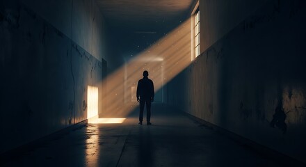 Fototapeta premium Silhouette of a person in a sunlit corridor