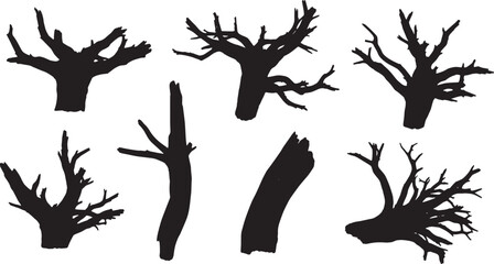 Black Solid Beach Driftwood Tree Silhouettes Set of Six on White Background © ShahvezGrhi 
