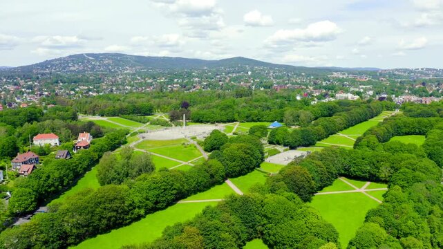 Oslo, Norway. Frogner Public Park with avenue of sculptures under the general name - Vigeland Sculpture Park - Vigelandsparken. Drone footage, Point of interest