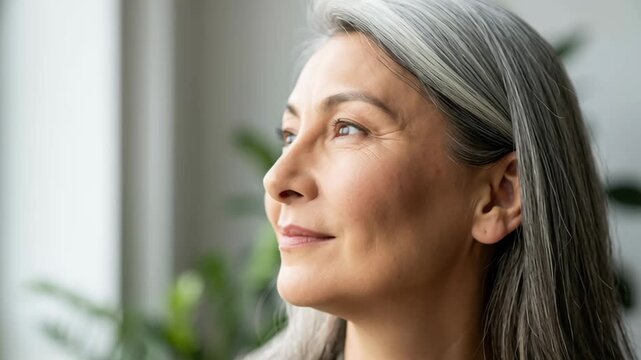 emotional intelligence leader business meeting concept. Mature woman confidently looking outside window