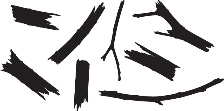 Black Solid Broken Branch Fragment Silhouettes Set of Six on White Background