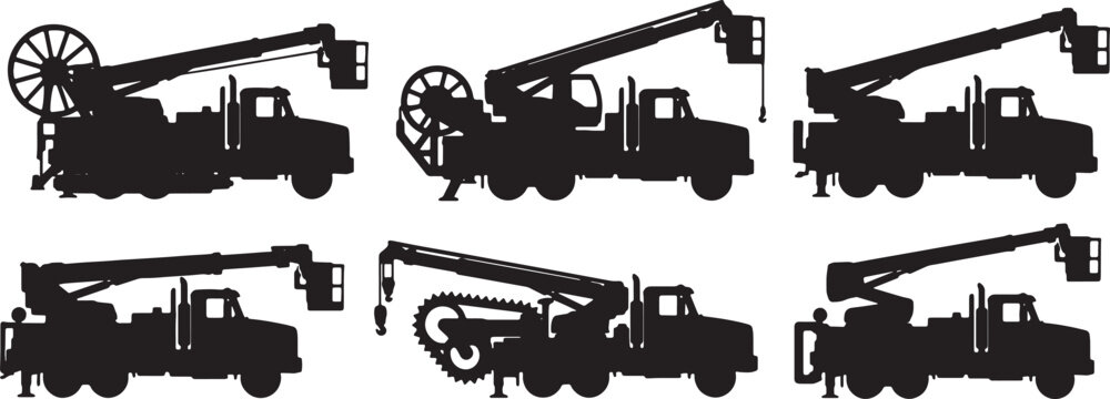 Black Solid Cable Laying Truck Silhouettes Set of Six on White Background