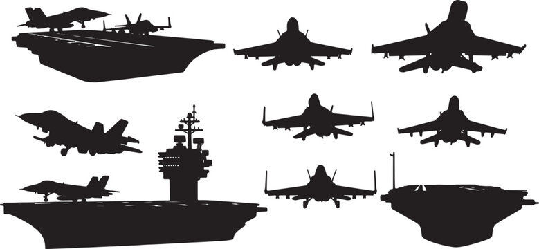 Black Solid Aircraft Carrier Operations Silhouettes Set of Six on White Background
