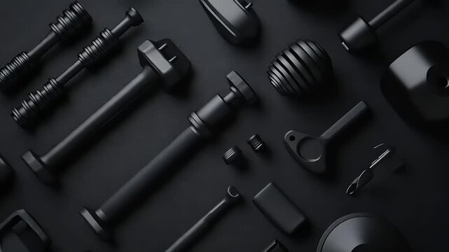 Collection of Black Metal Tools and Mechanical Parts Arranged Artistically.