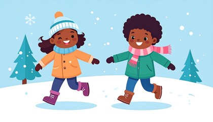 Naklejka premium Cartoon illustration featuring two children cheerfully running in the snowy landscape, complete with winter attire
