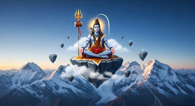 Meditative deity figure levitating above mountainous landscape in serene spiritual artwork