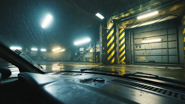 Interior car view Rain-swept garage with striped door, dim lights, and a wet environment