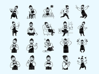 Barista Cartoon Character Activities & Emotions Vector Set - Coffee Shop Lifestyle Illustrations