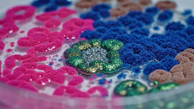 Colorful diamond painting with intricate designs and sequins.