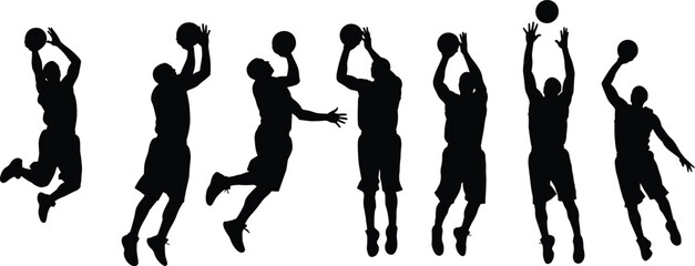 Basketball player silhouette collection jumping shooting action poses black vector athletes isolated on white background sports set © MDRAKIB