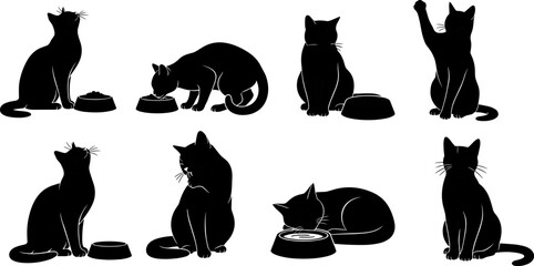 Black cat silhouette collection, domestic feline pet eating sitting grooming playing vector illustration isolated set © MDRAKIB