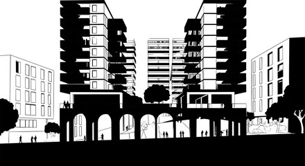Black and white architectural sketch of modern brutalist apartment buildings with arched pedestals urban city housing development and minimalist silhouettes © Ponkaj Creatives