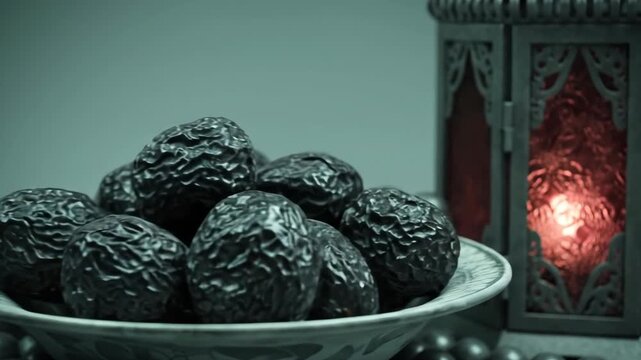 Traditional Islamic Ramadan Celebration with Dates and Lantern.
