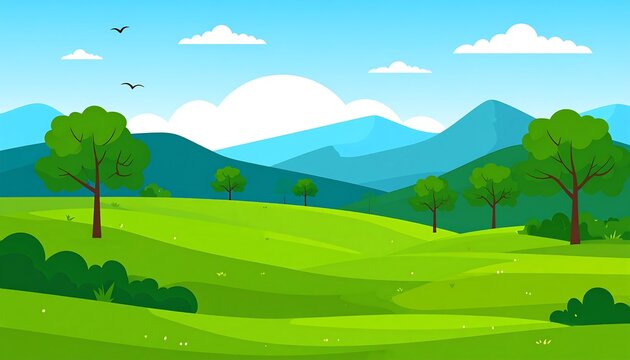 Animated landscape rolling green hills, trees, mountains, birds, and blue sky with white puffy clouds on a sunny day