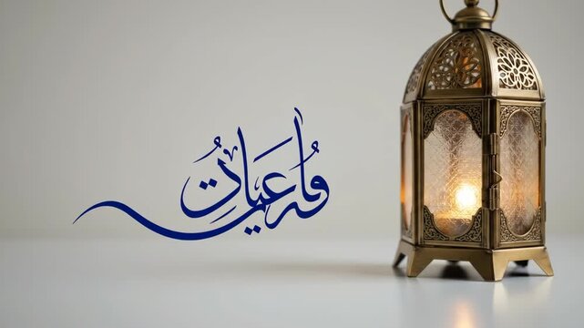 Ramadan Kareem Arabic calligraphy with illuminated lantern, Islamic greeting for holy month.