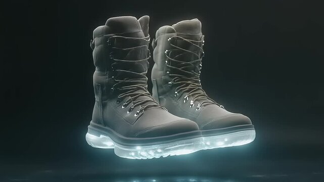 Futuristic combat boots with glowing soles on a dark background.