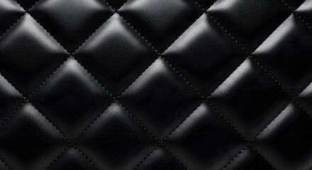 Black quilted leather texture background with luxury upholstery pattern, premium padded material surface, elegant fashion backdrop with realistic soft leather detail and studio lighting