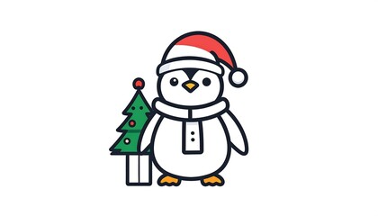 A cartoon penguin, sporting a Santa hat and a scarf, stands beside a tiny decorated Christmas tree, against a white backdrop