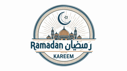 Ramadan Kareem circular emblem featuring a mosque, crescent moon, and star with radiating lines.
