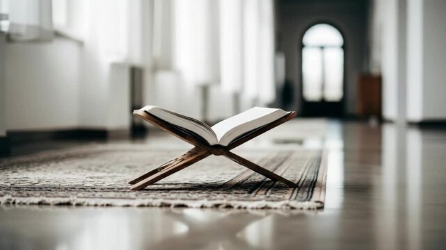 Open Holy Quran on a wooden stand, placed on a prayer rug in a serene room, symbolizing Islamic faith and devotion.