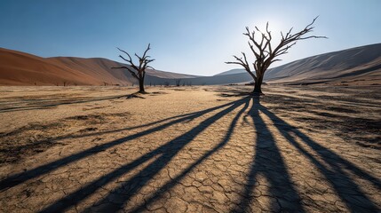 Barren Landscape with Skeletal Trees and Dramatic Shadows Under Clear Blue Sky