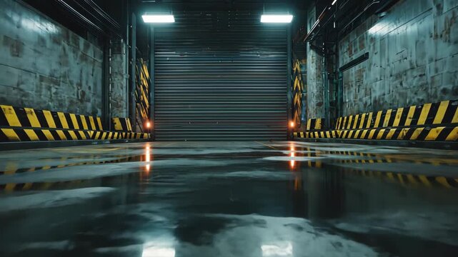 Dark, wet industrial interior with yellow/black barriers, roller door, and overhead lights