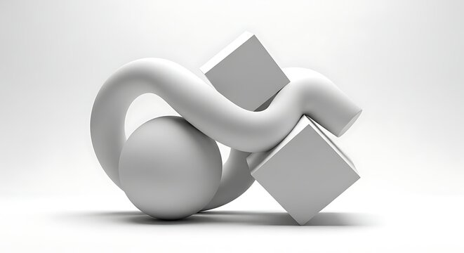 Abstract 3D rendering features intertwined white tubular forms surrounding geometric spheres and sharp cubes set against a bright, clean white environment.