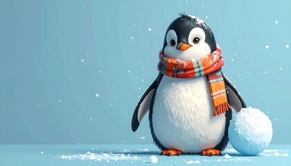 Animated penguin with a scarf & snowball, against a light blue snowy backdrop. Winter scene, charming and delightful