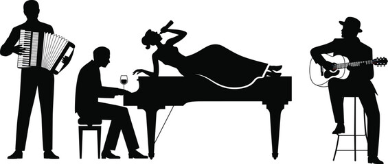 Black silhouette collection of jazz musicians playing accordion piano and guitar with a lounge singer reclining on a grand piano © Ponkaj Creatives