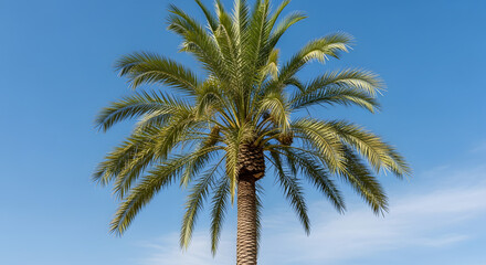 Fototapeta premium A vibrant green palm tree stands tall against a clear blue sky on a sunny day, symbolizing tropical destinations and relaxation