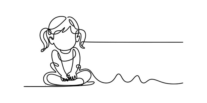 Minimalist continuous line drawing of a young girl with pigtails sitting cross-legged Vector, illustration