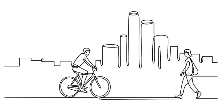 Continuous line drawing of a man riding a bicycle and a woman walking in a modern city skyline. Vector, illustration