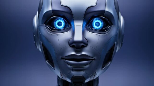 Close-up portrait of a futuristic android robot with blue glowing eyes and metallic helmet.