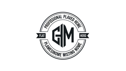 Monogram logo with letters GM inside a circular emblem with text.