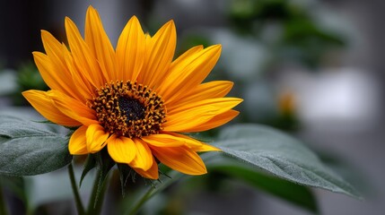 Fototapeta premium Macro shot of a vibrant yellow sunflower in full bloom with green leaves.
