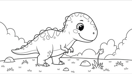 a charming black and white illustration depicts a cute baby dinosaur walking through a simple landscape with plants and rocks