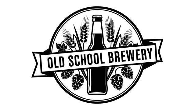 Old School Brewery logo with beer bottle, hops, and wheat in a circular emblem.