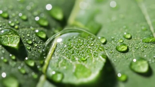 Macro shot of fresh morning dew water drops on a green leaf