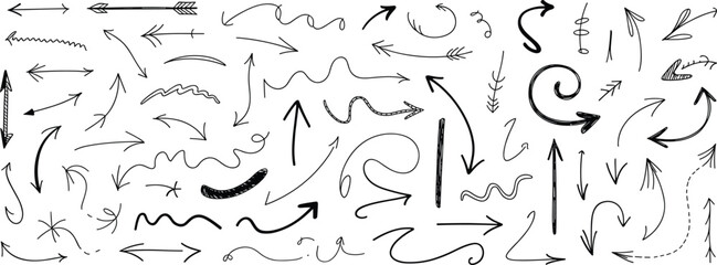 Obraz premium Hand Drawn Arrow Doodle Collection, Sketch Directional Arrows Set with Curved, Wavy and Straight Lines Vector Illustration
