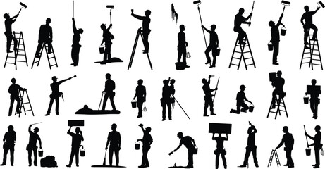 Painter worker silhouettes collection, house painting team with ladder roller brush bucket, maintenance service people illustration concept © Tanjimul