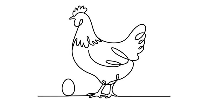 Continuous line drawing of a hen standing next to a single egg on a simple horizontal line. Vector, illustration