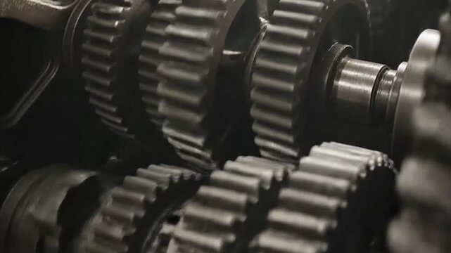 Intricate l gears interlock within a complex industrial mechanism.