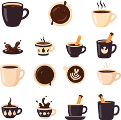 Obraz premium Hot Chocolate and Coffee Cup Collection with Latte Art and Cinnamon Sticks for Cafe Menu and International Caffeine Appreciation Month