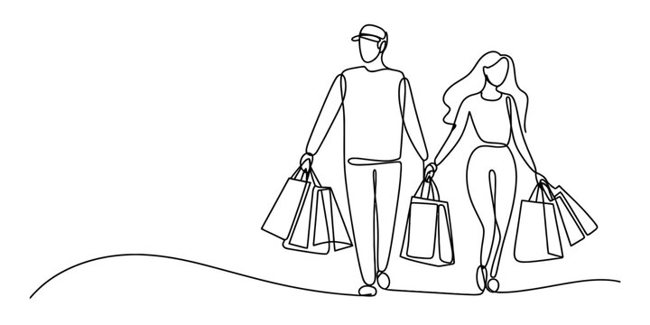 Continuous line drawing of a young couple walking and carrying many shopping bags