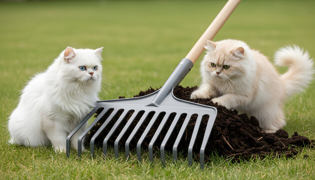 Two Adorable Persian Kittens with Garden Rake in Soil. Two fluffy white Persian kittens sitting side by side on a bright green lawn beside a large metal garden rake embedded